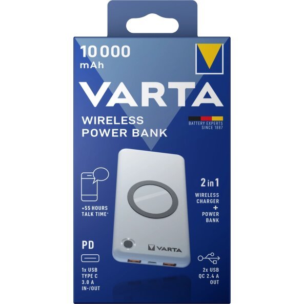 Baterie Externa Wireless Varta, 10000mAh, 18W, QC + PD, 2 x USB-A - 1 x USB-C, Argintie