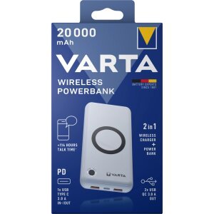Baterie Externa Wireless Varta, 20000mAh, 18W, QC + PD, 2 x USB-A - 1 x USB-C, Alba