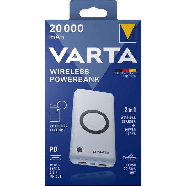 Baterie Externa Wireless Varta, 20000mAh, 18W, QC + PD, 2 x USB-A - 1 x USB-C, Alba
