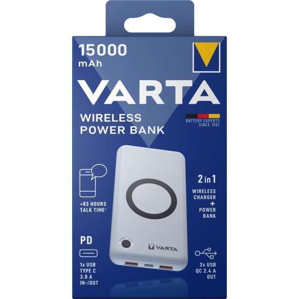 Baterie Externa Wireless Varta Energy, 15000mAh, 20W, QC + PD, 2 x USB-A - 1 x USB-C, Argintie