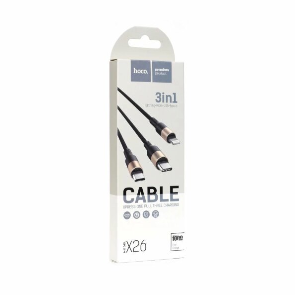 Cablu Incarcare USB-A - Lightning / microUSB / USB-C HOCO X26 Xpress, 18W, 1m, Auriu
