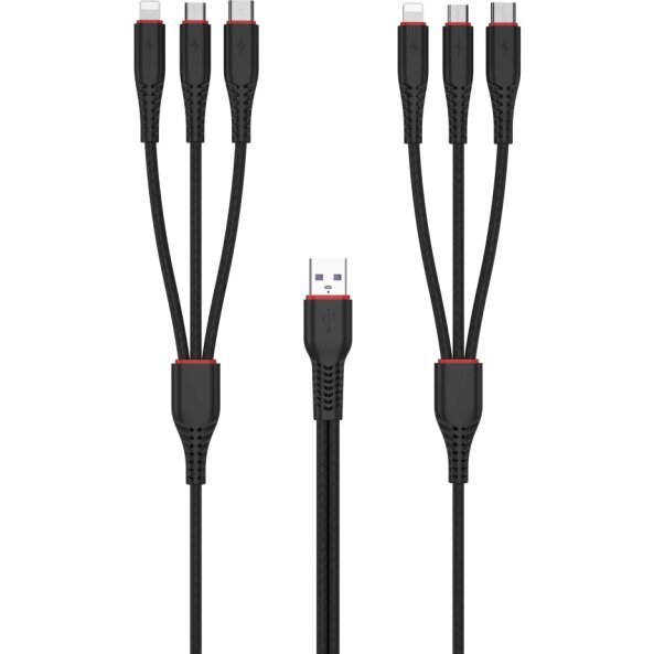 Cablu Incarcare USB-A - Lightning / microUSB / USB-C XO Design NB196, 18W, 2m, Negru