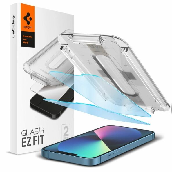 Folie de protectie Ecran Anti Blue Spigen EZ FIT pentru Apple iPhone 14 / 13 Pro / 13, Sticla securizata, Full Glue, Set 2 bucati AGL03389