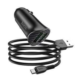 Incarcator Auto cu Cablu microUSB HOCO Z39, 18W, 3A, 2 x USB-A, Negru