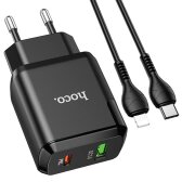 Incarcator Retea cu Cablu Lightning HOCO N5, 20W, 3A, 1 x USB-A - 1 x USB-C, Negru