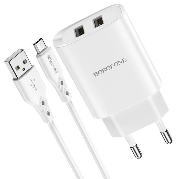 Incarcator Retea cu Cablu microUSB Borofone BN2, 10W, 2.1A, 2 x USB-A, Alb