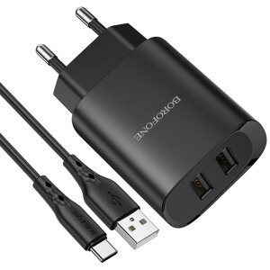 Incarcator Retea cu Cablu USB-C Borofone BN2, 10W, 2.1A, 2 x USB-A, Negru