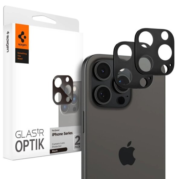 Folie de protectie Camera spate Spigen Optik pentru Apple iPhone 15 Pro Max / 15 Pro / 14 Pro Max, Sticla Securizata, Full Glue, Set 2 bucati, Neagra AGL05273 