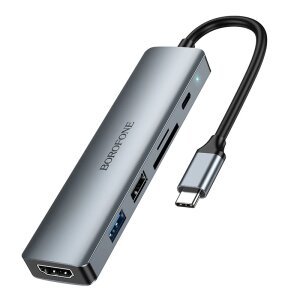 Hub USB-C Borofone DH15 Buddy, 1 x USB-A - 1 x USB-A 3.0 - 1 x USB-C - 1 x HDMI - 1 x SD - 1 x microSD, Gri 