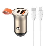 Incarcator Auto Cu Cablu Lightning Ldnio C509Q, 30W, 5A, 1 x USB-A - 1 x USB-C, Auriu 