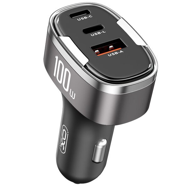 Incarcator Auto XO Design CC61, 100W, 3A, 1 x Lightning - 1 x USB-A - 1 x USB-C, Gri