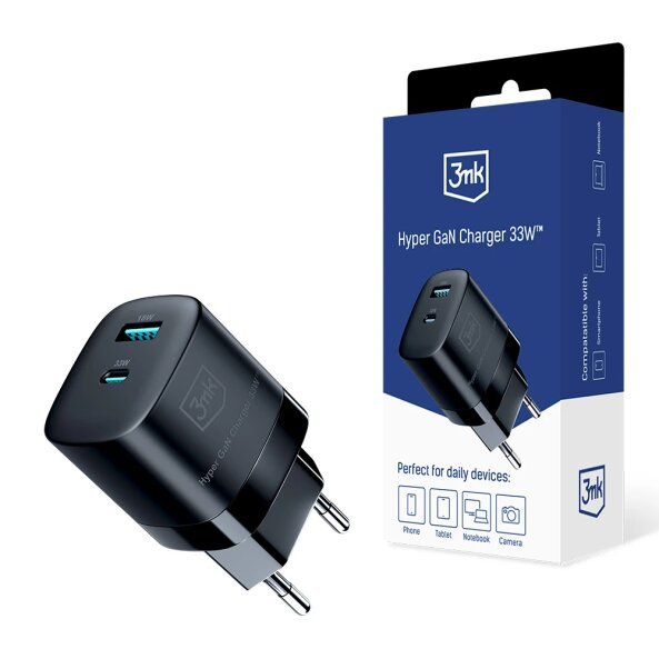 Incarcator Retea 3MK HyperCharger GaN, 33W, 3A, 1 x USB-A - 1 x USB-C, Negru 
