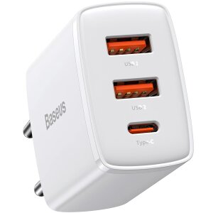 Incarcator Retea Baseus Compact, 30W, 1 x USB-C - 2 x USB-A, Alb CCXJ-E02 