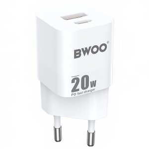 Incarcator Retea BWOO BO-CDA156, 20W, 3A, 1 x USB-A - 1 x USB-C, Alb 