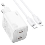Incarcator Retea Cu Cablu Lightning HOCO N42, 45W, 3A, 2 x USB-C, Alb 