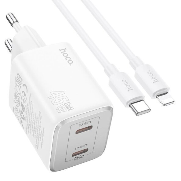 Incarcator Retea Cu Cablu Lightning HOCO N42, 45W, 3A, 2 x USB-C, Alb 