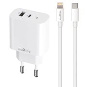 Incarcator Retea Cu Cablu Lightning MaXlife MXTC-06-20AC, 20W, 3A, 1 x USB-A - 1 x USB-C, Alb 