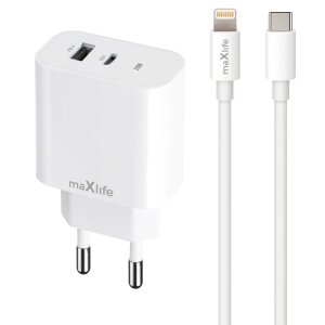 Incarcator Retea Cu Cablu Lightning MaXlife MXTC-06-20AC, 20W, 3A, 1 x USB-A - 1 x USB-C, Alb 
