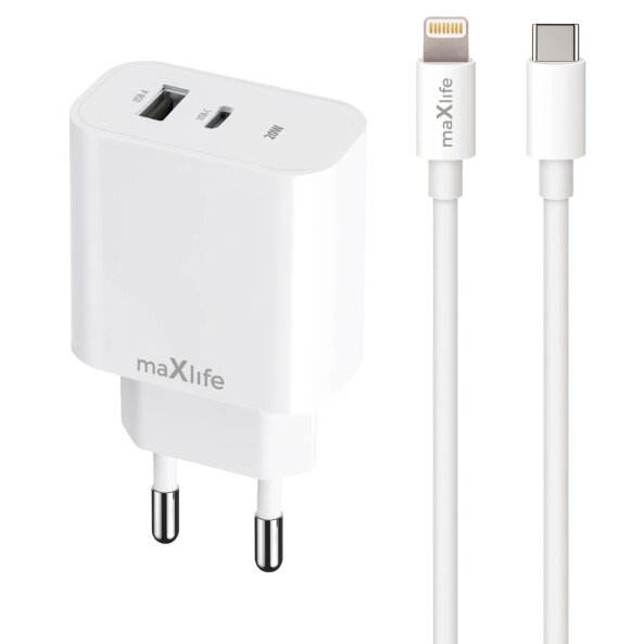 Incarcator Retea Cu Cablu Lightning MaXlife MXTC-06-20AC, 20W, 3A, 1 x USB-A - 1 x USB-C, Alb 