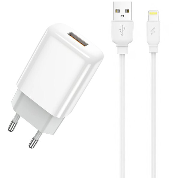 Incarcator Retea Cu Cablu Lightning Prestico F7S, 12W, 2.4A, 1 x USB-A, Alb 