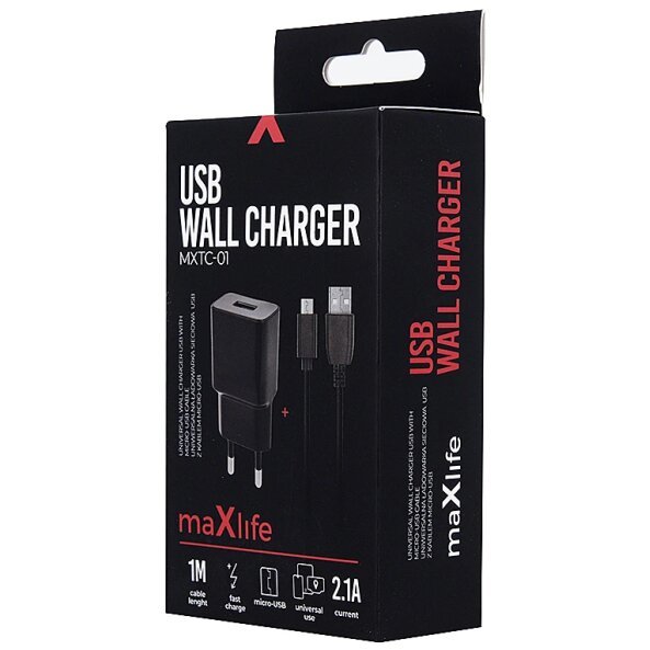 Incarcator Retea Cu Cablu microUSB MaXlife MXTC-01, 10.5W, 2.1A, 1 x USB-A, Negru