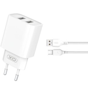 Incarcator Retea Cu Cablu microUSB XO Design CE02C, 10.5W, 2.1A, 2 x USB-A, Alb 