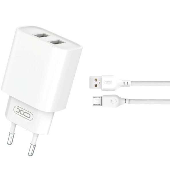 Incarcator Retea Cu Cablu microUSB XO Design CE02C, 10.5W, 2.1A, 2 x USB-A, Alb 