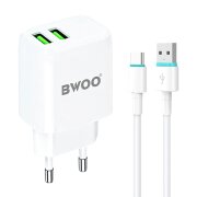 Incarcator Retea Cu Cablu USB-C BWOO CDA60C, 12W, 2.4A, 2 x USB-A, Alb 