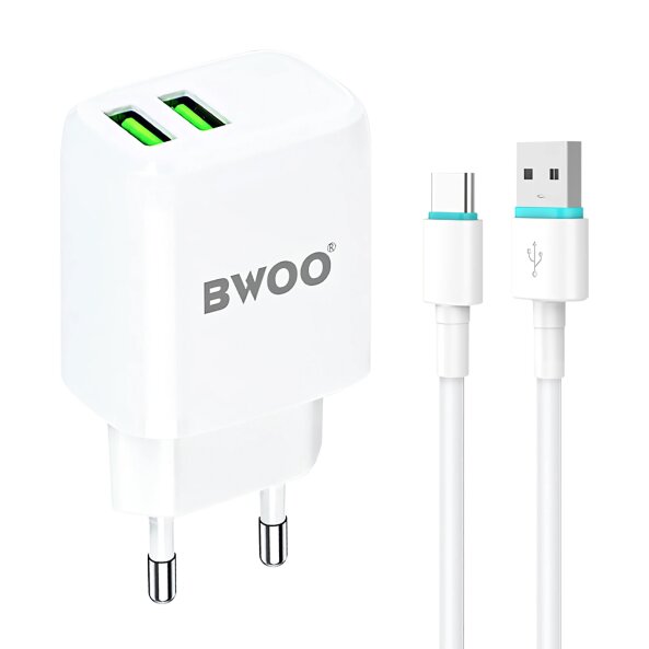 Incarcator Retea Cu Cablu USB-C BWOO CDA60C, 12W, 2.4A, 2 x USB-A, Alb 