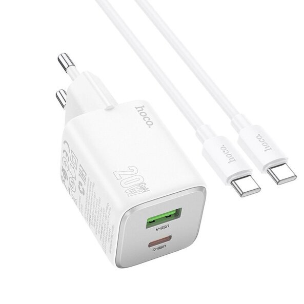Incarcator Retea Cu Cablu USB-C HOCO N41, 20W, 3A, 1 x USB-A - 1 x USB-C, Alb 
