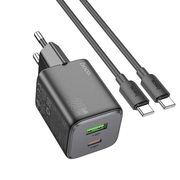 Incarcator Retea Cu Cablu USB-C HOCO N41, 20W, 3A, 1 x USB-A - 1 x USB-C, Negru 
