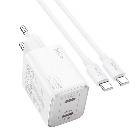 Incarcator Retea Cu Cablu USB-C HOCO N42, 45W, 3A, 2 x USB-C, Alb 