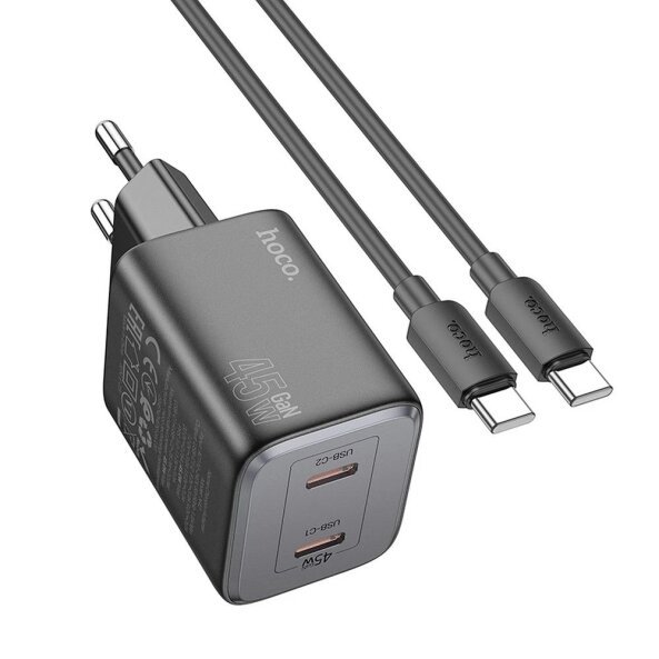 Incarcator Retea Cu Cablu USB-C HOCO N42, 45W, 3A, 2 x USB-C, Negru 