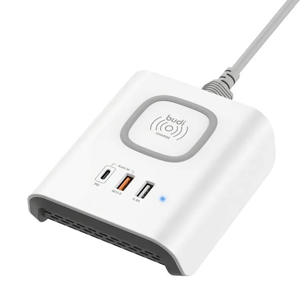 Incarcator Retea Wireless Budi, 18W, 3A, 1 x USB-C - 2 x USB-A, Alb