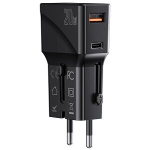 Incarcator Retea Yesido MC17 Travel, 20W, 3A, 1 x USB-A - 1 x USB-C, Negru 