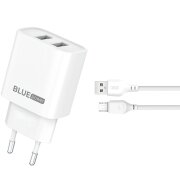 Incarcator Retea Cu Cablu microUSB Blue Power BPCE02M, 10.5W, 2.1A, 2 x USB-A, Alb 