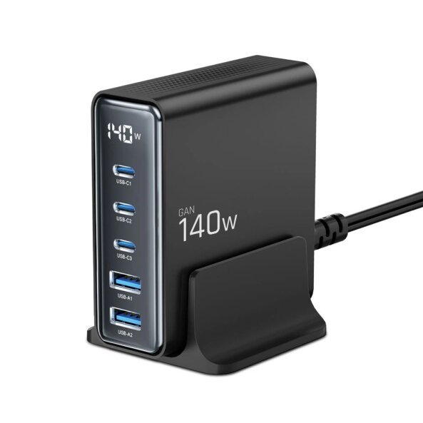 Incarcator Retea Tech-Protect DC140W, 140W, 3A, 2 x USB-A - 3 x USB-C, Negru 