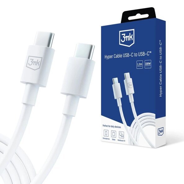 Cablu Date si Incarcare USB-C - USB-C 3MK Hyper, 100W, 1.2m, Alb 