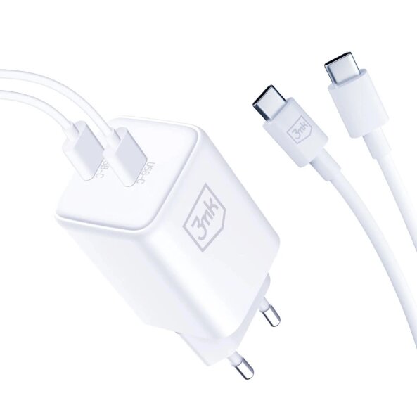 Incarcator Retea Cu Cablu USB-C 3MK HyperCharger, 45W, 3A, 2 x USB-C, Alb 