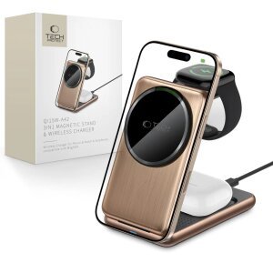 Incarcator Retea Wireless Tech-Protect QI15W-A42 3in1, 15W, 1.67A, Auriu 