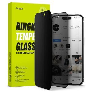 Folie de protectie Ecran Privacy Ringke pentru Apple iPhone 15 Pro Max, Sticla Securizata, Full Glue 