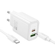Incarcator Retea Cu Cablu USB-C HOCO N63, 30W, 3A, 1 x USB-A - 1 x USB-C, Alb 