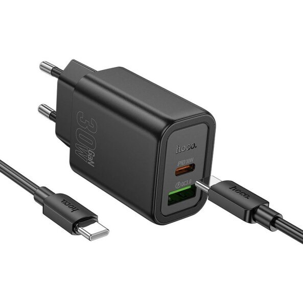 Incarcator Retea Cu Cablu USB-C HOCO N63, 30W, 3A, 1 x USB-A - 1 x USB-C, Negru 