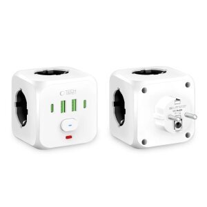 Incarcator Retea Tech-Protect PCL3X4, 10.5W, 2.1A, 2 x USB-A - 2 x USB-C - 3 x Schuko, Alb 