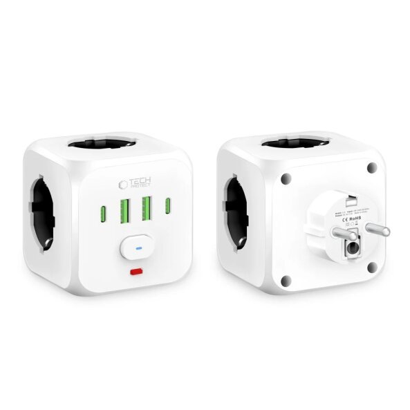 Incarcator Retea Tech-Protect PCL3X4, 10.5W, 2.1A, 2 x USB-A - 2 x USB-C - 3 x Schuko, Alb 