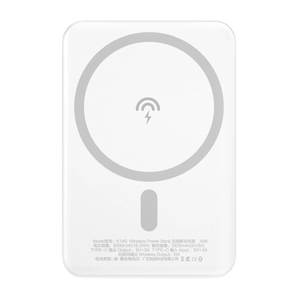 Baterie Externa Wireless Dudao K14S, 5000mAh, 10W, PD + QI, 1 x QI - 1 x USB-C, Alba 