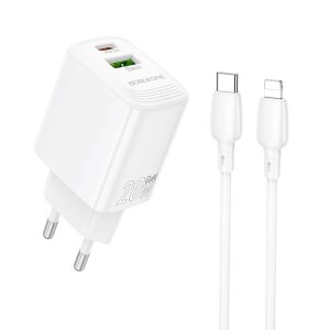 Incarcator Retea Cu Cablu Lightning Borofone BN27 Fuente, 20W, 3A, 1 x USB-A - 1 x USB-C, Alb 