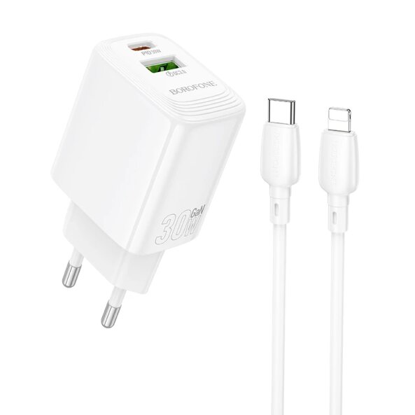 Incarcator Retea Cu Cablu Lightning Borofone BN29 Fuente, 30W, 3A, 1 x USB-A - 1 x USB-C, Alb 