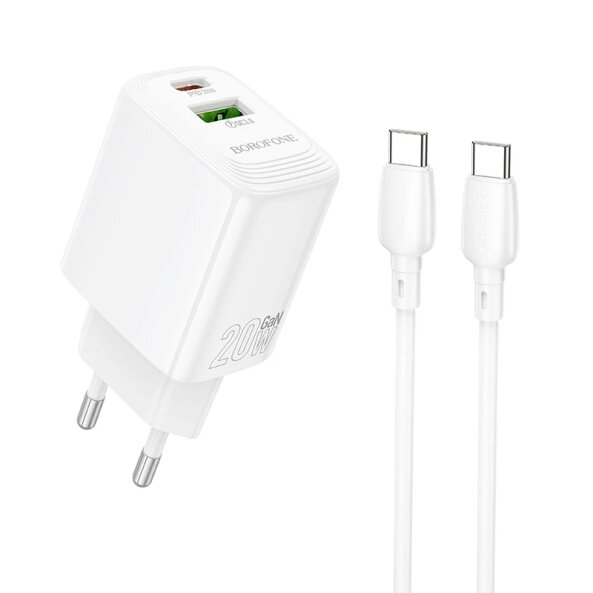 Incarcator Retea Cu Cablu USB-C Borofone BN27 Fuente, 20W, 3A, 1 x USB-A - 1 x USB-C, Alb 