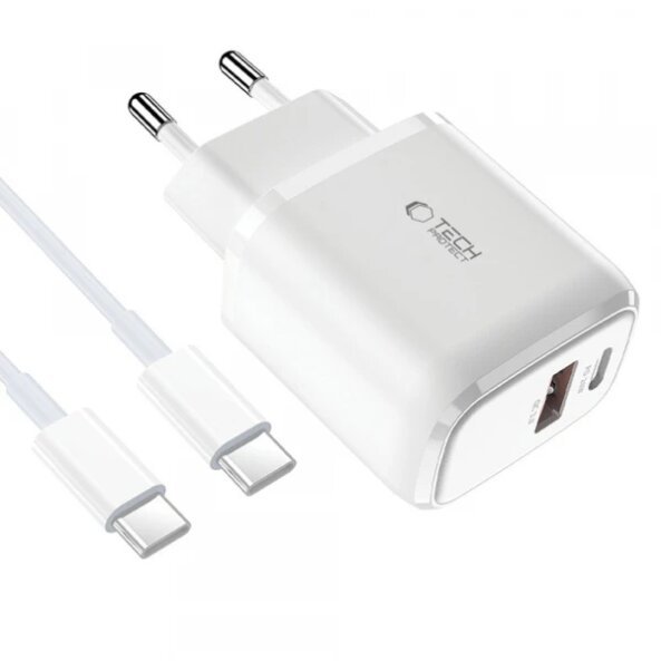 Incarcator Retea Cu Cablu USB-C Tech-Protect C20W, 20W, 3A, 1 x USB-A - 1 x USB-C, Alb 